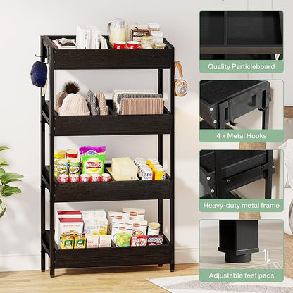 Tribesigns Wood Fruit and Vegetable Basket Stand Rack for Kitchen, Office, Store, Supremarket, Pantry Shelf Unit for Snacks, 4-Tier Wooden Utility Storage Shelves (Black)