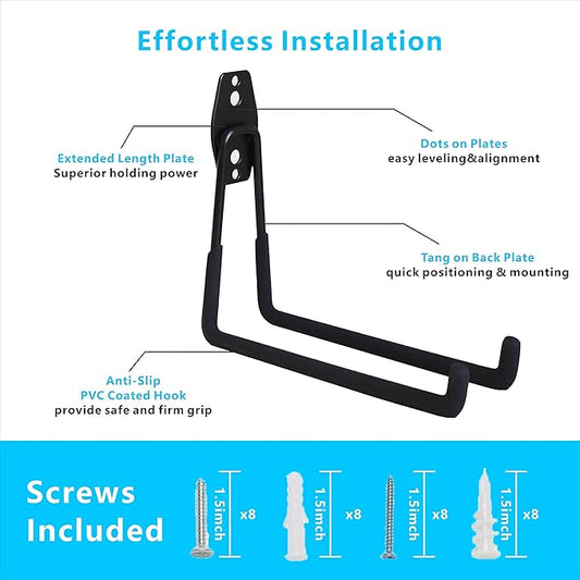 Garage Hooks, 4 Pack Wall Mount Storage Hanger with 2 Extension Cord Holder Organizer, Heavy-Duty 7.5 inch Long Hooks for Ladder, Ski, Sports, Utility, Garden Tool, Hose Storage Rack Organizer