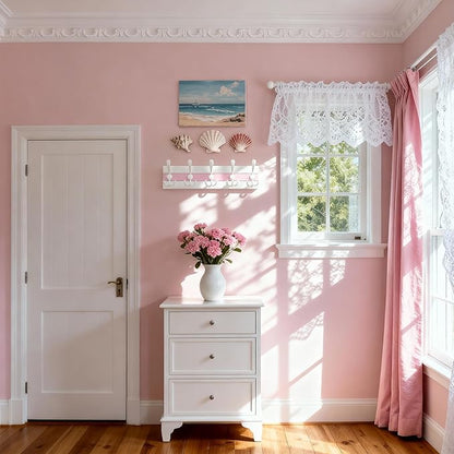 SKOLOO Coastal Wall Mounted Coat Rack - 16-7/8" Beach House Entryway Wooden Coat Hook with 5 Hooks for Hanging Coats, Hats or Towels, Oceanfront Cottage Core Collection, White & Palm Beach Pink