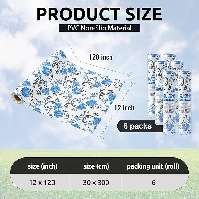 FIFTY FEET 12X120 Inch Shelf Liner for Kitchen Cabinets, PVC Drawer Liner for Dresser Non-Slip Bathroom, Non-Adhesive Cabinet Liner Washable (Blue Floral)(6 Roll)