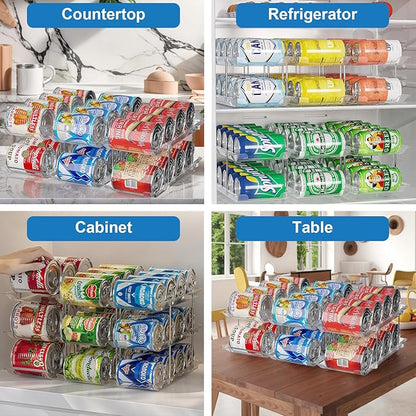 cjc Can Organizer for Pantry, 3 Sets 3 Tiers Can Organizer for Fridge, Clear Automatic Rolling Soda Pantry Organizers for 36 Cans, Stackable Storage Rack for Kitchen Cabinet