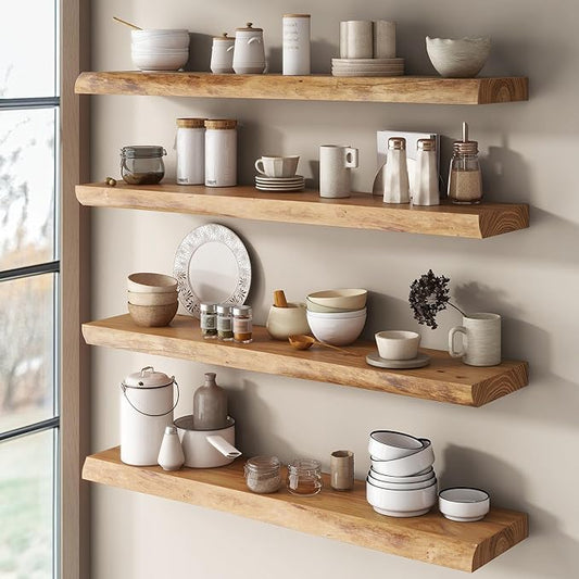Live Edge Elm Floating Shelves for Wall Decor, Rustic Solid Wood Shevles Wall Mounted with Invisible Bracket for Living Room Bathroom Bedroom Kitchen, 24 Inch Set of 2, Natural