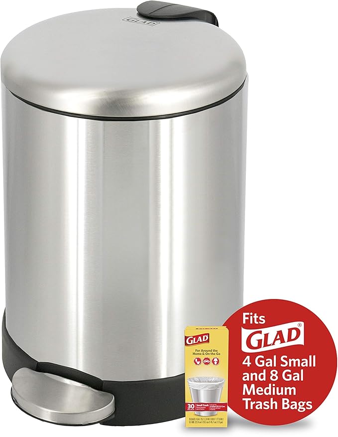 Glad Small Trash Can, 1.2 Gallon | Round Stainless Steel Garbage Bin with Soft Close Lid & Step Foot Pedal | Metal Waste Basket with Removable Inner Bucket, Stainless