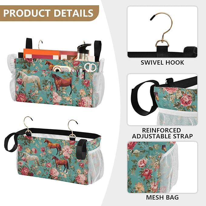 CuwrYet Bedside Caddy Hanging Bunk Bed Caddy Bed Organizer Hanging Pocket with 2 Hooks Bedside Storage Organizer Pocket Bag Holder Teal Horses and Red Roses