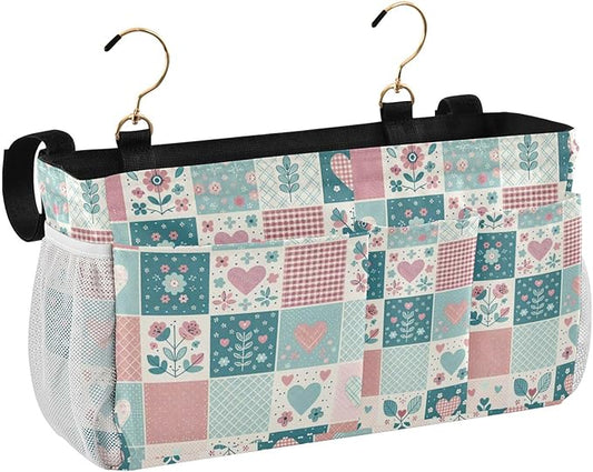 Jihqo Bedside Caddy Hanging Storage Bag Gingham Floral Bedside Organizer Caddy for Bunk, Dorm Room, Hospital Beds - Place Magazines / Remotes / Keys