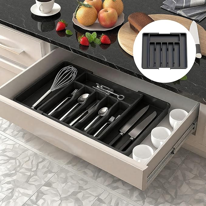 Expandable Silverware Drawer Organizer, Adjustable Utensil Tray with 8 Compartments for Kitchen Cutlery Storage, BPA-Free Plastic Flatware Holder, Smart Value Solution, Black