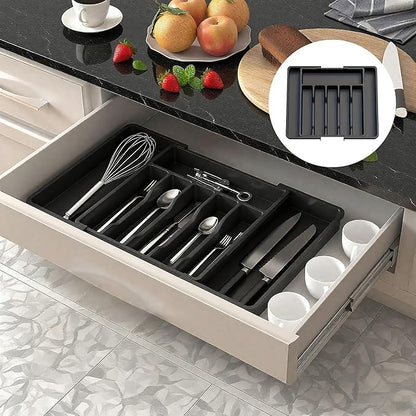 Expandable Silverware Drawer Organizer, Adjustable Utensil Tray with 8 Compartments for Kitchen Cutlery Storage, BPA-Free Plastic Flatware Holder, Smart Value Solution, Black