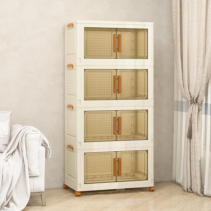 Vavkorkula Plastic Stackable Storage Bins with Lids and Wheels, 148.8QT-37.2QT*4Tier Foldable Storage Containers and Collapsible Clear Storage Cabinet with Doors Ivory White