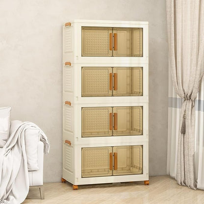 Vavkorkula Plastic Stackable Storage Bins with Lids and Wheels, 148.8QT-37.2QT*4Tier Foldable Storage Containers and Collapsible Clear Storage Cabinet with Doors Ivory White
