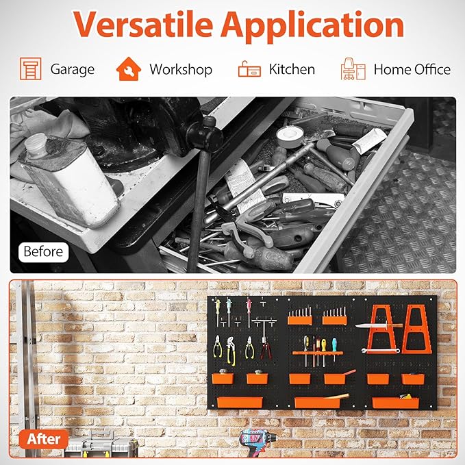 Tool Pegboard Organizer, 4 FT Metal Pegboard Wall with Hooks, Storage Bins & Tool Holders, Peg Board Kit Garage Storage System for Workbench Shed, Craft Room & Workshop (Black+Orange)