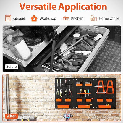 Tool Pegboard Organizer, 4 FT Metal Pegboard Wall with Hooks, Storage Bins & Tool Holders, Peg Board Kit Garage Storage System for Workbench Shed, Craft Room & Workshop (Black+Orange)