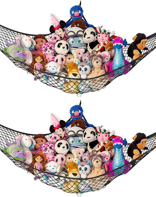 Lilly's Love Stuffed Animal Hammock | Corner Hanging Organizer, Toy Storage, Stuffed Animal Storage Net | Made from Quality Fishing Net, Holds 12lbs | 67"x47"x47" (Black, 2 Pack)