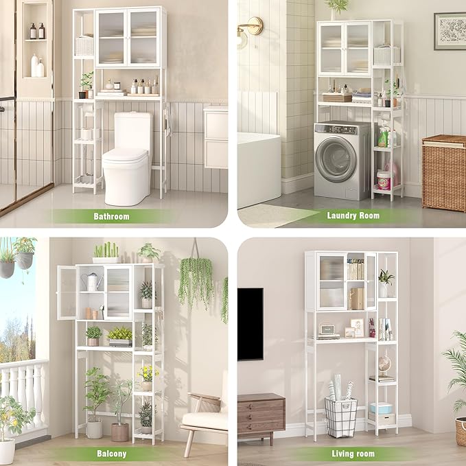 Wisuce Essentials Over The Toilet Storage Cabinet Above Toilet Bathroom Organizer with Toilet Paper Holder Stand Bath Organizer with Adjustable Shelves & Acrylic Doors,Anti-Tip Device (White)