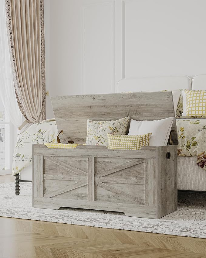 39.4" Storage Chest, Extra Large Storage Trunk with 2 Hinges, Wooden Box Bench, Lift-Top Organizer Chest, Shoe Bench for Entryway, Bedroom, Living Room, Greige SB03405X