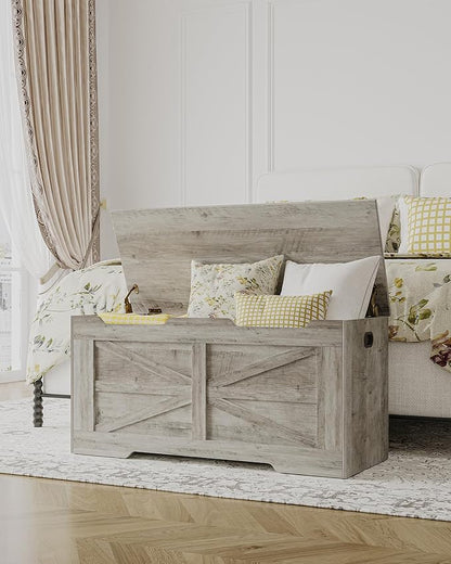 39.4" Storage Chest, Extra Large Storage Trunk with 2 Hinges, Wooden Box Bench, Lift-Top Organizer Chest, Shoe Bench for Entryway, Bedroom, Living Room, Greige SB03405X