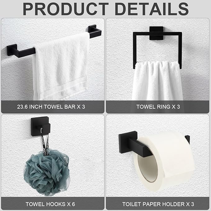 Gisafai 40 Pcs Black Bathroom Hardware Accessories Set 23.6 Inch Bath Towel Bar Kit Stainless Steel Bathroom Hardware Set Towel Racks Ring Robe Hooks Paper Holder for Wall Mounted
