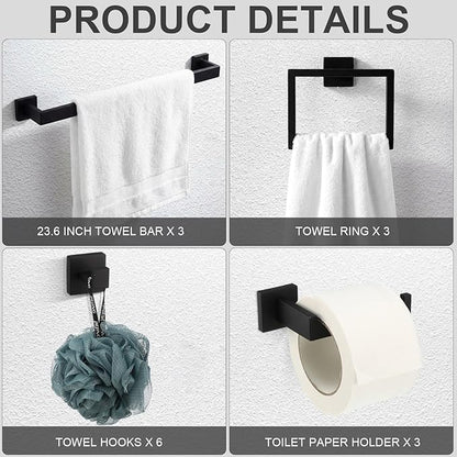 Gisafai 40 Pcs Black Bathroom Hardware Accessories Set 23.6 Inch Bath Towel Bar Kit Stainless Steel Bathroom Hardware Set Towel Racks Ring Robe Hooks Paper Holder for Wall Mounted
