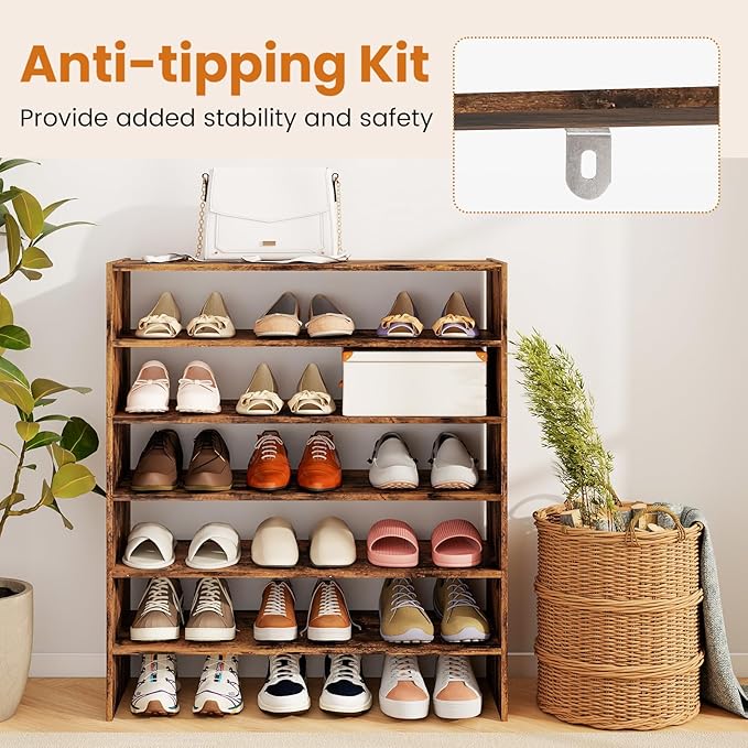 COSTWAY 6-Tier Shoe Rack, Extra Wide Shoe Shelf Organizer with Stackable Design, 31" Freestanding Adjustable Storage Shoe Stand for Small Space Entryway Hallway Closet (1,Rustic Brown)