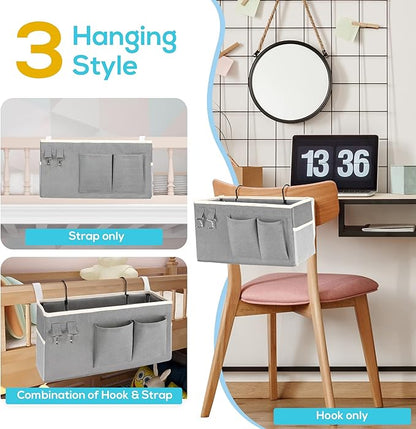 Kanrichu 2pcs Bedside Caddy Hanging Storage Bag, Water Cup Holders, Organizer Baskets with Pockets for Bunk Bed Shelf, Hospital Beds, Loft & Dorm Rooms Accessories (Bedside bag-Grey)