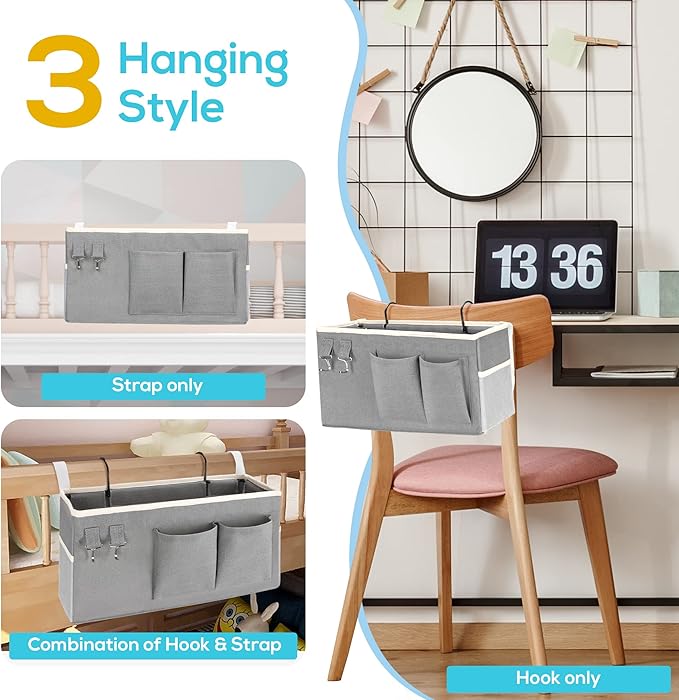 Kanrichu 1pcs Bedside Caddy Hanging Storage Bag, Organizer Baskets with Pockets for Bunk Bed Accessories, Loft & Dorm Rooms Chair Bed Rails (Grey-1pcs)