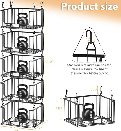 5-Tier Hanging Laundry Room Organizer with Label Cards,Foldable Wire Shelf Basket with 4 Rotating Hooks,Stacked Laundry Basket Organizer,Storage Rack for Laundry Rooms,Closet and Pantry-Black
