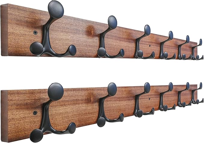 SKOLOO 36-Inch Wood Coat Rack Wall Mount with 6 Triple Hooks - Ideal for Family Entrances, Classrooms, and Pet Supplies Storage - Perfect Coat Hooks for Wall,Mahogany (Sapele), Pack of 2