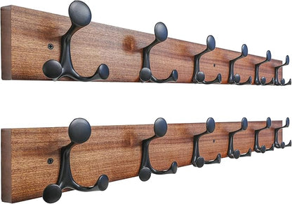 SKOLOO 36-Inch Wood Coat Rack Wall Mount with 6 Triple Hooks - Ideal for Family Entrances, Classrooms, and Pet Supplies Storage - Perfect Coat Hooks for Wall,Mahogany (Sapele), Pack of 2