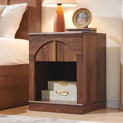 ACCOHOHO Modern Night Stand Set 2 with Arched Panel,18" Wooden nightstand with Charging Station,Bedside Table with Drawer Storage,Side End Table with Open Shelf for Bedroom、Living Room,Brown