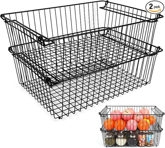 Set of 2 Stackable XXL Wire Baskets For Pantry Storage and Organization -16x12in Large Metal Food Baskets -Vegetable,Fruit,Potato,Onio, Pantry Storage Bins With Handles (Black, XXL)