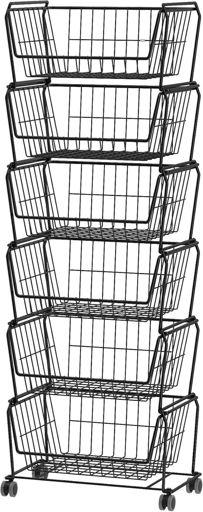 PUSDON Stackable Metal Storage Carts, Dual Use Shelf for Kitchen Fruit Vegetable Baskets with Wheels, Storage Rack for Living Room, Home & Office, Standard Black 6 Tiers