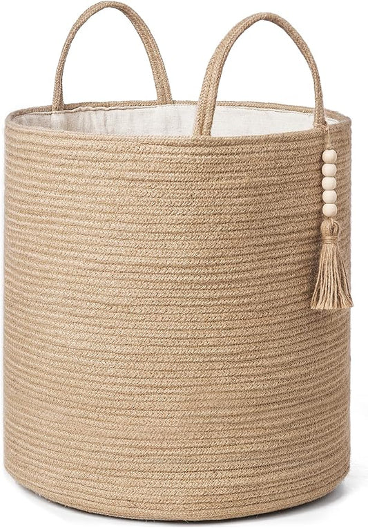 Mkono Tall Wicker Laundry Basket Woven Storage Basket Decorative Natural Rope Basket Wooden Bead Decoration for Blankets,Toys,Clothes,Shoes,Plant Organizer Bin with Handles Living Room 15"Wx17.7"L