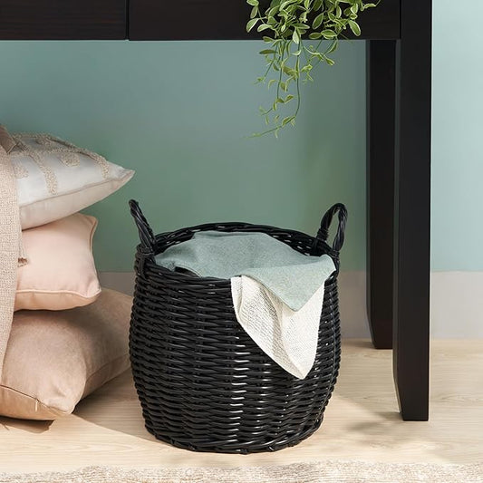 Isidore Round Resin Woven Basket with Handles | Multi-Purpose Organizer for Halloween & Thanksgiving Storage, Laundry, and More (13" x 13" x 10.2" - Black)