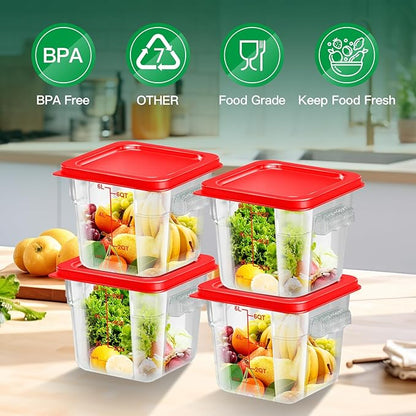FeyBuosk 4 pcs 6qt Food Storage Containers with Lid, Square Clear Commercial Food Storage Containers with Handle and Scale for Food Storage in Home Kitchen & Dining (Red)