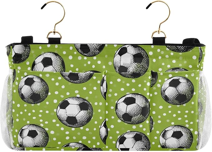 CuwrYet Bedside Caddy Hanging Bunk Bed Caddy Bed Organizer Hanging Pocket with 2 Hooks Bedside Storage Organizer Pocket Bag Holder Deep Green Soccer Balls Dots