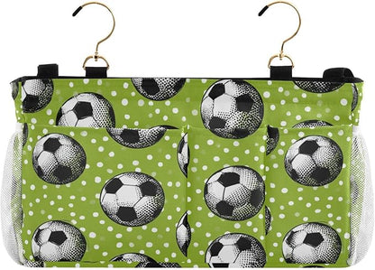 CuwrYet Bedside Caddy Hanging Bunk Bed Caddy Bed Organizer Hanging Pocket with 2 Hooks Bedside Storage Organizer Pocket Bag Holder Deep Green Soccer Balls Dots