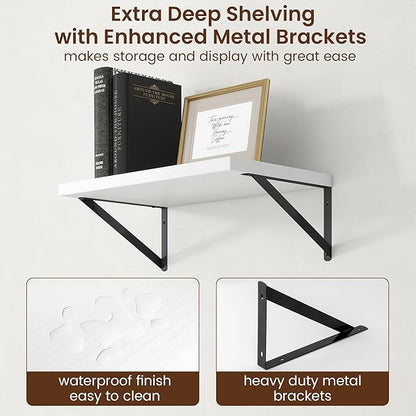 Axeman Deep Floating Shelves - 20 Inch White Floating Shelves Set of 2-12 Inch Deep Wood Wall Shelves for Living Room Bathroom Kitchen