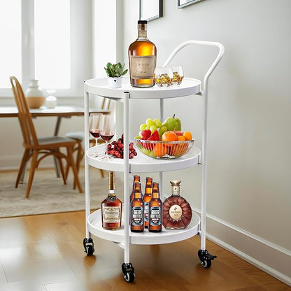 TRIROCKS 18 * 31" H Round Gold 3-Tier Rolling Bar Cart with Wheels Elegant Metal Frame Serving Cart for Kitchen, Dining Room, or Living Room Display and Storage (White)