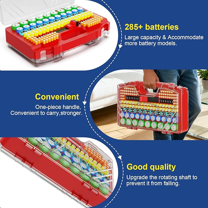 Battery Organizer Storage Holder Box Case with Tester, New Ultra-Large 285+Batteries Double-Sided Variety Pack, Holds AA AAA 4A C D Button Cell 9V 3V CR123 CR1632 LR44 Lithium18650 CR2 Red