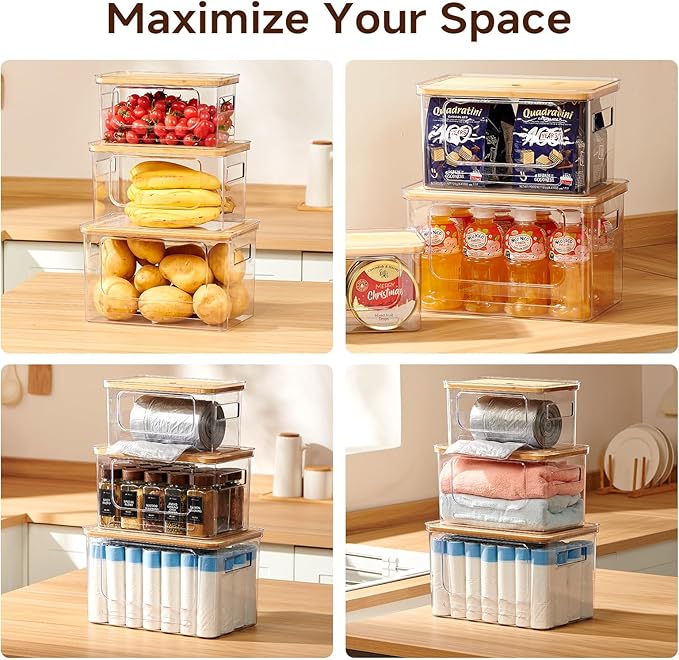 Trash Bag Holder 3-Pack,Trash Bag Dispenser with Bamboo Lid, Stackable Acrylic Garbage Bag Dispenser for Under Sink Use in Kitchen, Laundry Room, and Pantry, Large Capacity Garbage Bag Holder