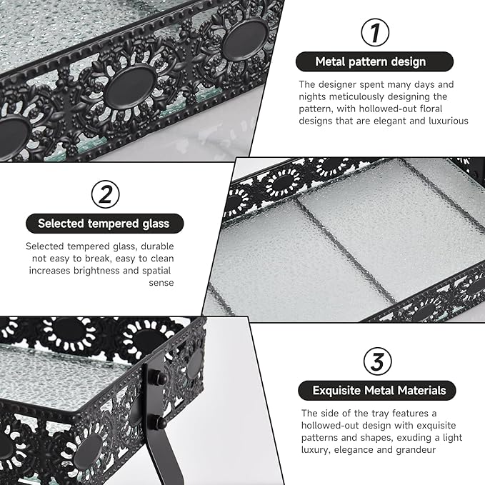 xiaojuande-Two Layer Glass Storage Tray with Portable Dressing Table Skin Care Product Organization Rack Corner Storage Rack for Bathroom Counter High-end Light Luxury Display Plate - Gold (Black)