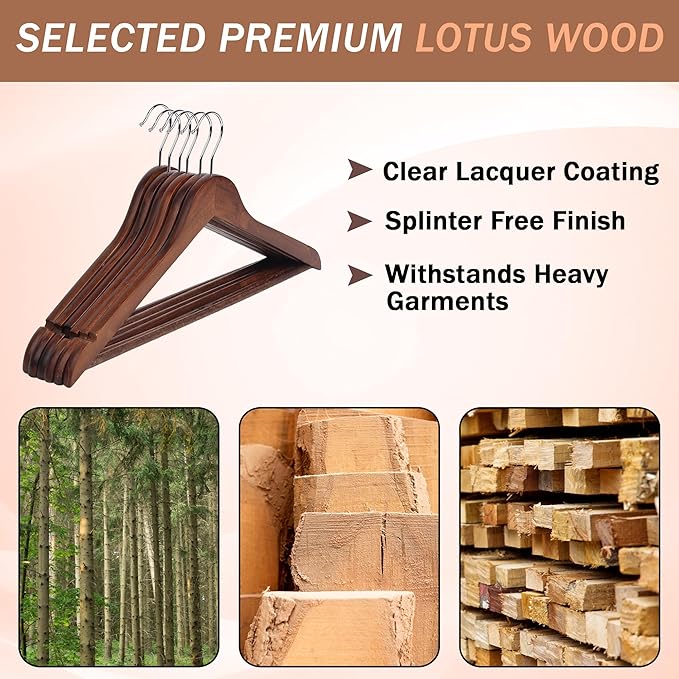 Kings Lifestyle Hub Wooden Hangers Premium Natural Wood Hanger Well Polished Ergonomic Design & Sharply Cut Notches with Swivel Hook (Brown, Pack of 30)