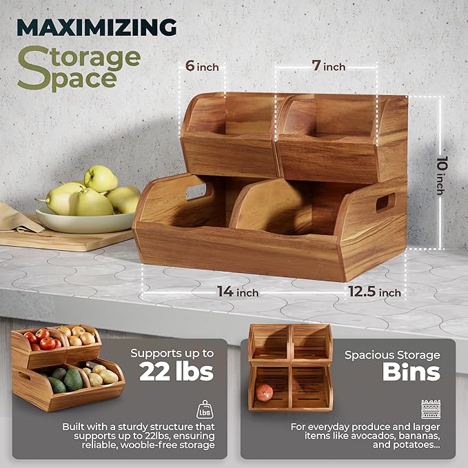Acacia Wood Pantry Storage Bins - Stackable Open Front Kitchen Baskets for Potato, Onion, Fruit, Vegetable, and Bread Storage, Wood Organizer for Pantry (Warm Acacia)