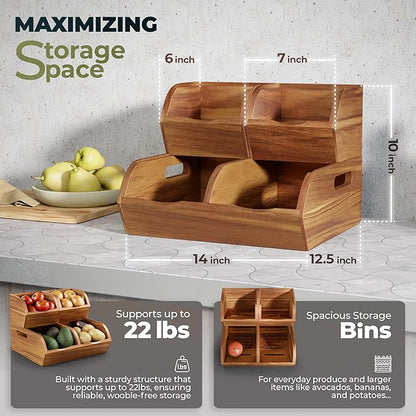 Acacia Wood Pantry Storage Bins - Stackable Open Front Kitchen Baskets for Potato, Onion, Fruit, Vegetable, and Bread Storage, Wood Organizer for Pantry (Warm Acacia)