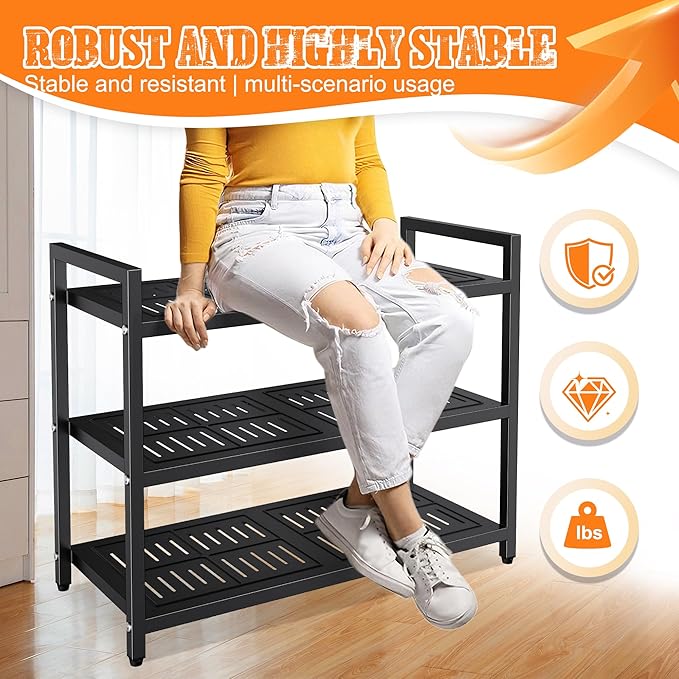 3-Tier Heavy Duty Metal Shoe Rack, 200 lbs Load Capacity Shoe Organizer with Reinforced Steel Tubes, No-Wobble Free Standing Shoe Shelf for Entryway, Closet, Bedroom, Dorm – Easy Assembly, Black