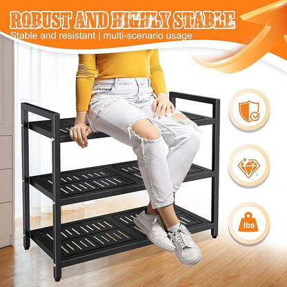 3-Tier Heavy Duty Metal Shoe Rack, 200 lbs Load Capacity Shoe Organizer with Reinforced Steel Tubes, No-Wobble Free Standing Shoe Shelf for Entryway, Closet, Bedroom, Dorm – Easy Assembly, Black