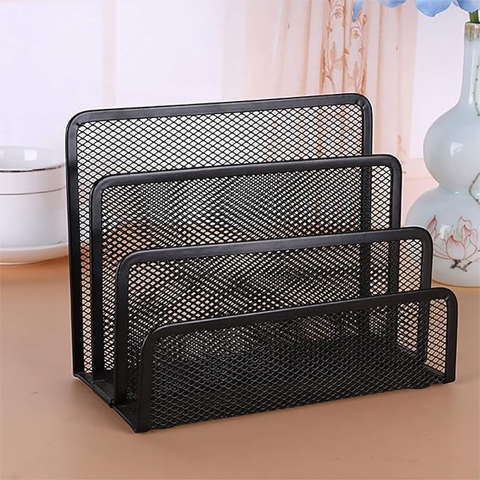 VANRA 2 Small Letter Sorters Desktop File Holder Organizer Metal Mesh with 3 Vertical Upright Compartments (2 Black)