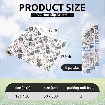 FIFTY FEET 12X120 Inch Shelf Liner for Kitchen Cabinets, PVC Drawer Liner for Dresser Non-Slip Bathroom, Non-Adhesive Cabinet Liner Washable (Black Floral)(3 Roll)