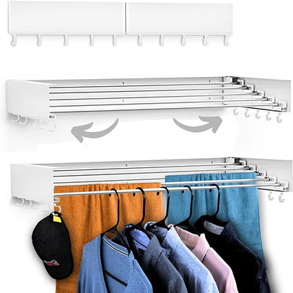 Foldable Wall Mounted Drying Rack - 31.5” Wide, 13.2 Ft Drying Space, 5 Aluminum Rods, Supports Up to 60 lbs - Retractable & Foldable Space-Saving Wall Mounted Clothes Drying Rack (White)