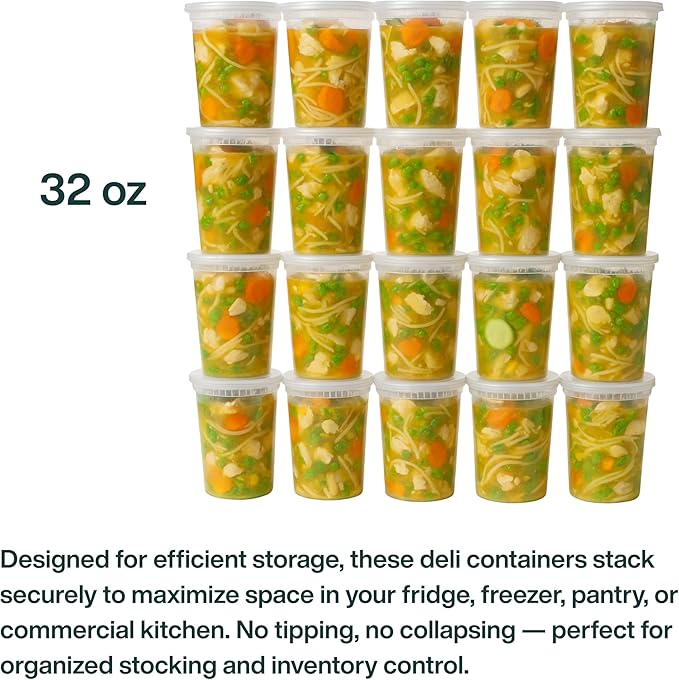 ProTakeOut 32oz [20 set] Heavy Duty Plastic Deli Container | BPA-Free Food Storage with Airtight Leak‑Proof Lids | Microwave, Freezer & Dishwasher Safe – Stackable, Bulk Reusable Soup & Meal Prep Tub