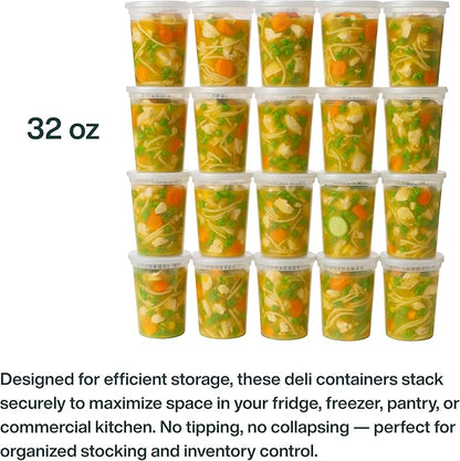 ProTakeOut 32oz [24 set] Heavy Duty Plastic Deli Container | BPA-Free Food Storage with Airtight Leak‑Proof Lids | Microwave, Freezer & Dishwasher Safe – Stackable, Bulk Reusable Soup & Meal Prep Tub